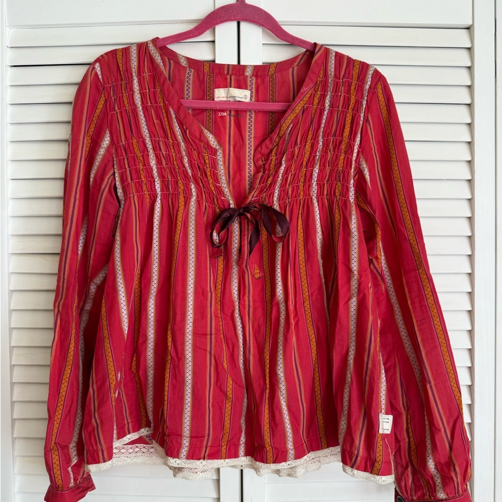 Odd Molly Striped Red Top with Smocking, Tir Front, & Lace Trim